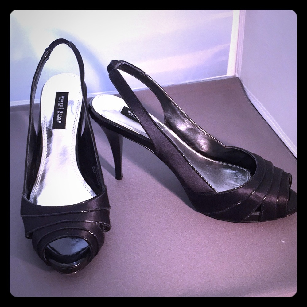 Black satin and patten pump with elastic slip on